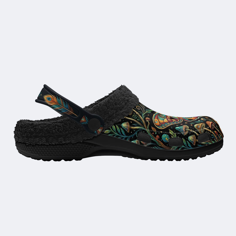 Psychedelic Mushroom Forest Moth Retro Print Fleece-Lined Clogs