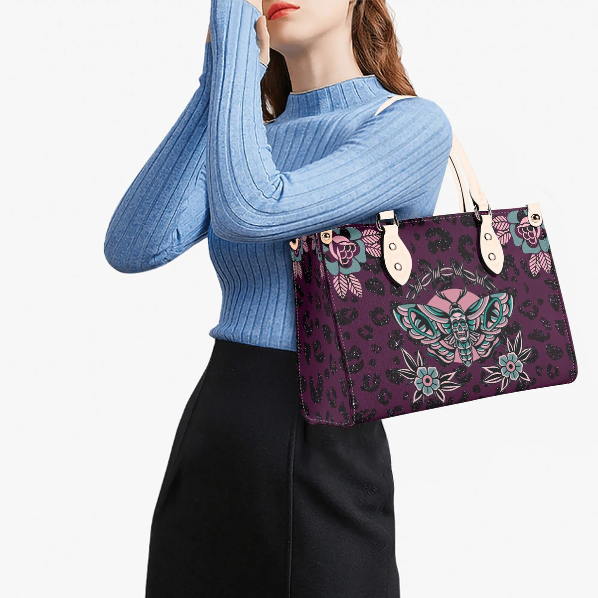 Death Moth Vintage Print - Leather Handbag