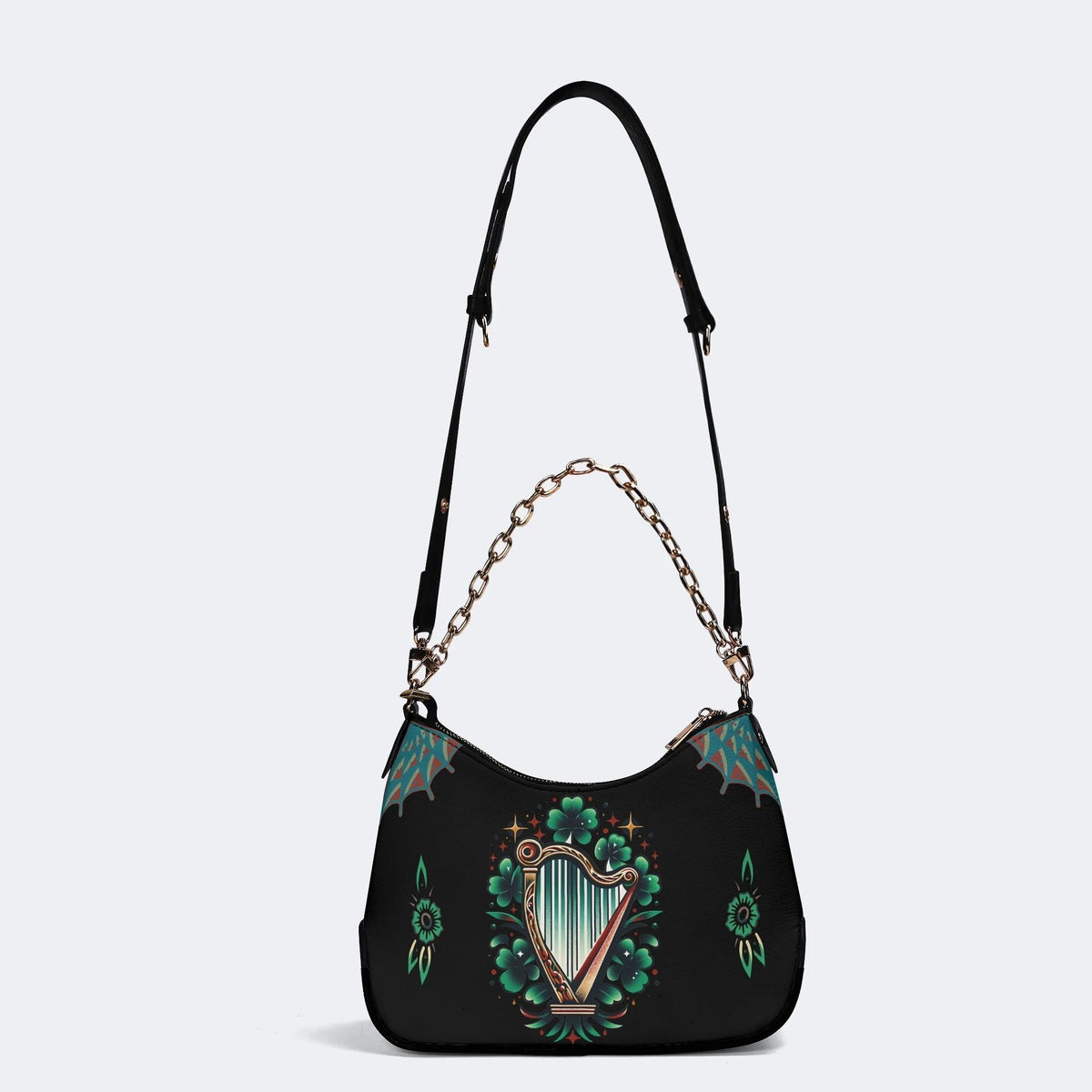 Irish Harp & Shamrocks Print - Leather Crossbody Bag