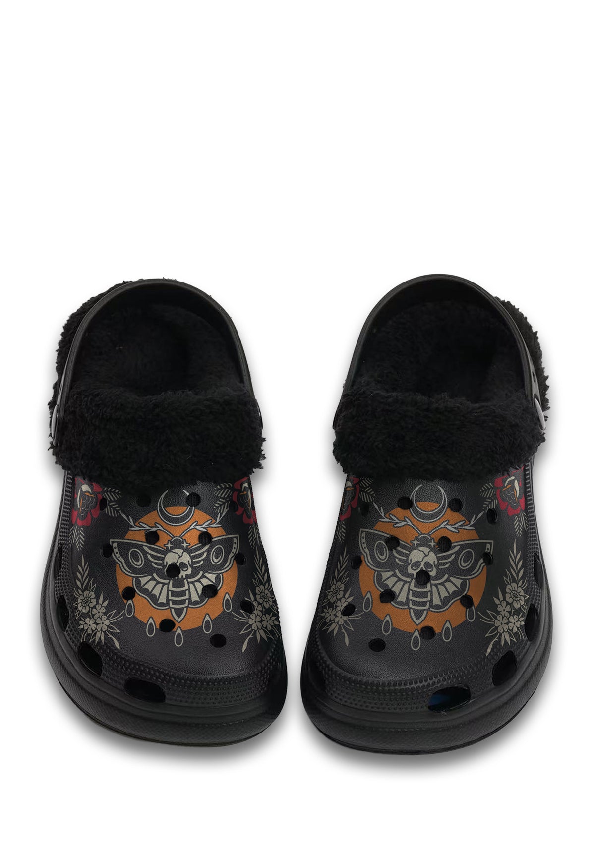 Front view of black fuzzy clogs with orange death moth and teardrop accents