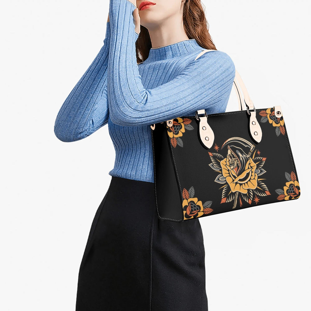 Grim Reaper Flowers Print - Leather Handbag