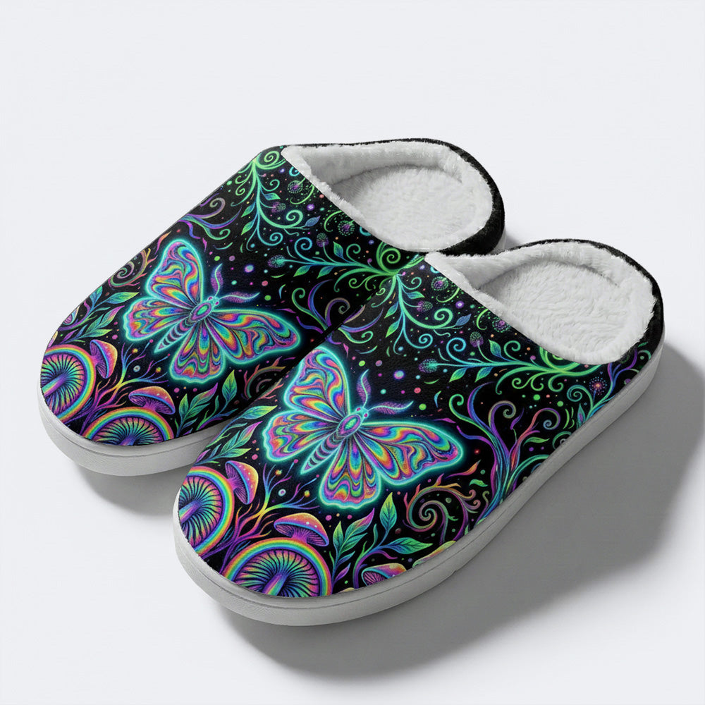 Neon Blue Greenpsychedelic Moth Print Fleece-Lined Slippers