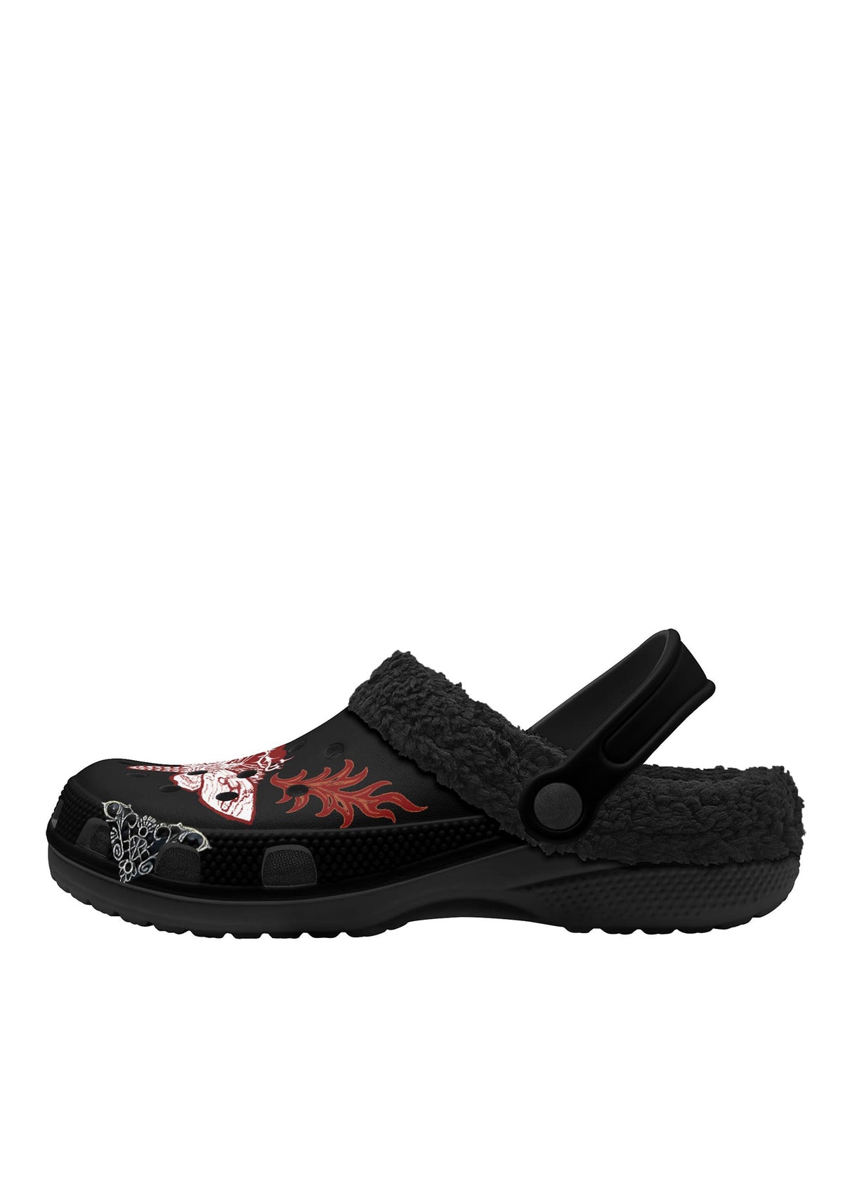 Outer side of fleece slippers with red flame and antler moth tattoo