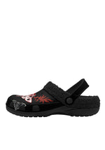 Outer side of fleece slippers with red flame and antler moth tattoo
