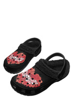 Flat lay of Blood Moth slippers with fuzzy interior and graphic print