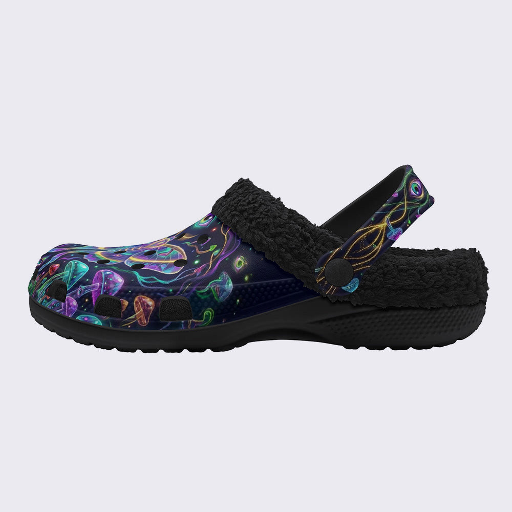 Psychedelic Mushroom Forest Moth Print Fleece-Lined Clogs