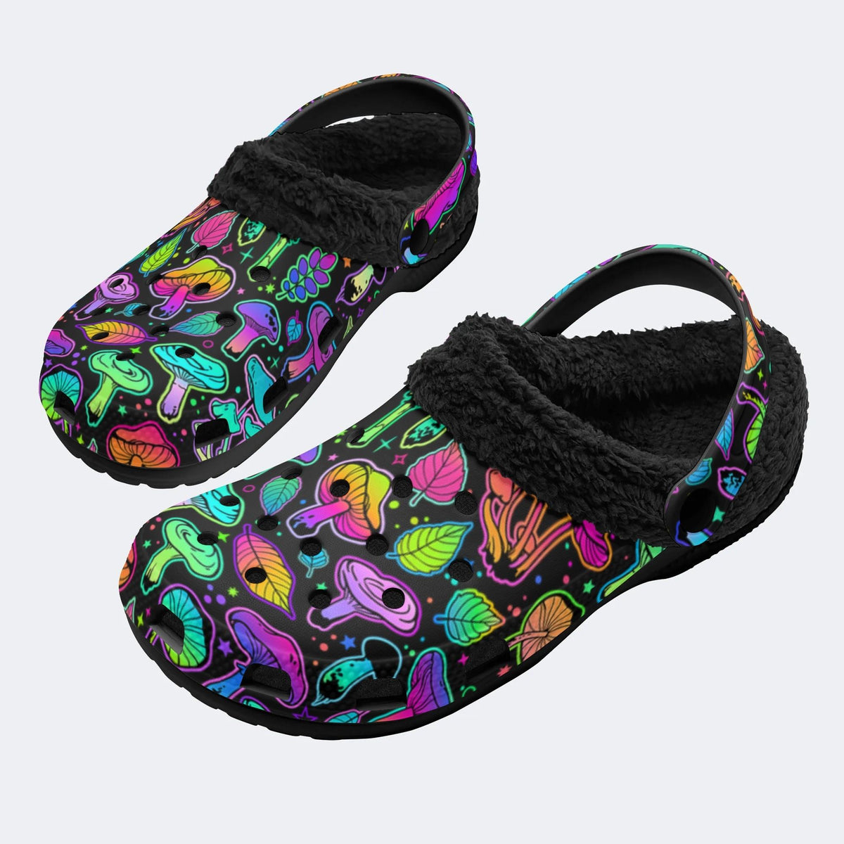 Psychedelic Colors Mushrooms Print - Fur Lined Slippers/Sandals