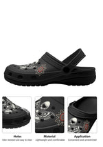 Zoom-in details of holes, strap, and moth tattoo art on gothic slippers