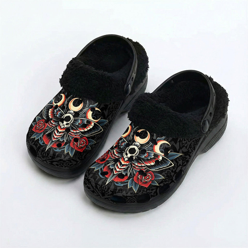Crescent Moon & Thorny Rose & Death Moth Print Fleece-Lined Clogs