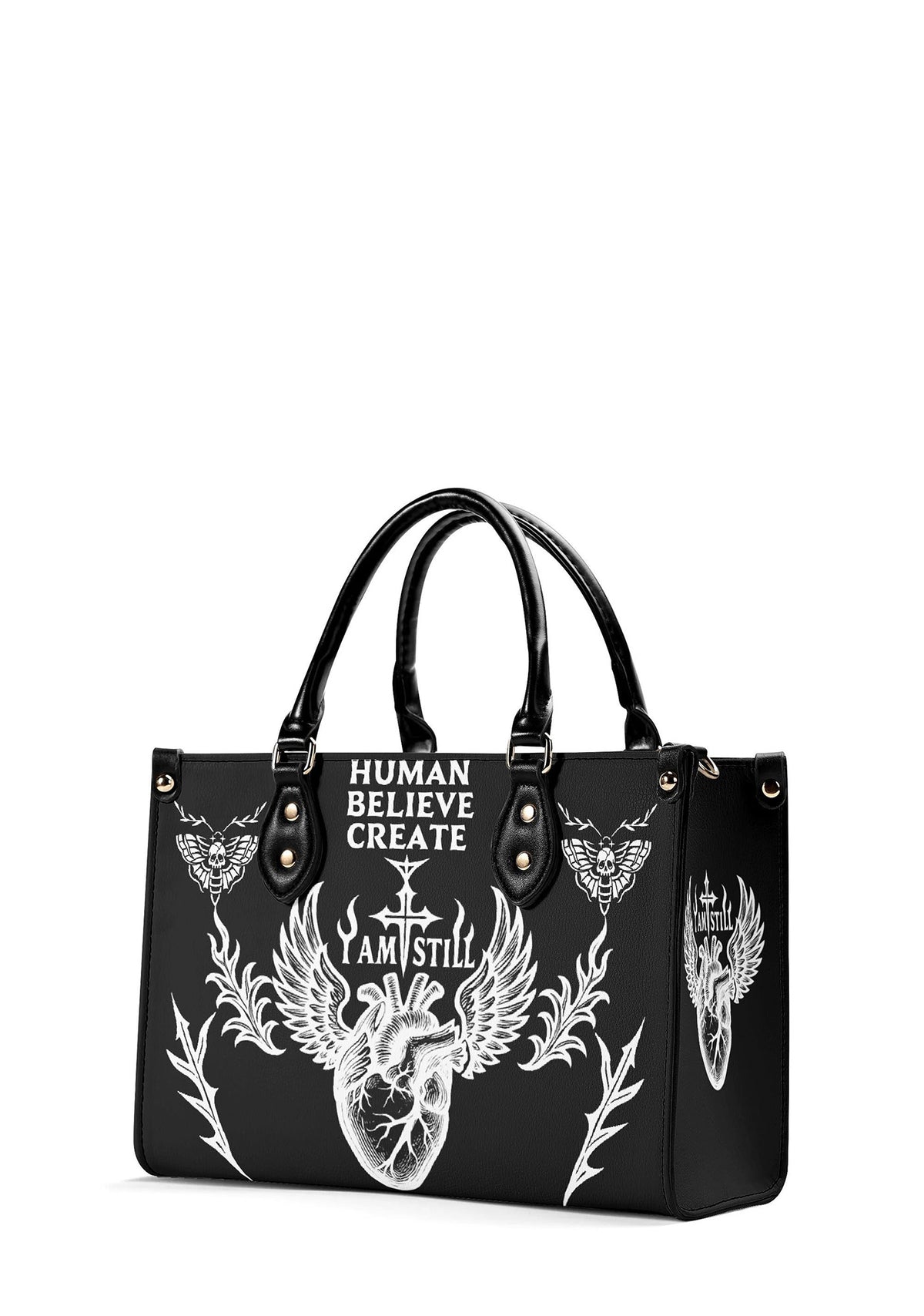 Side view of gothic bag with winged heart and skull moth details