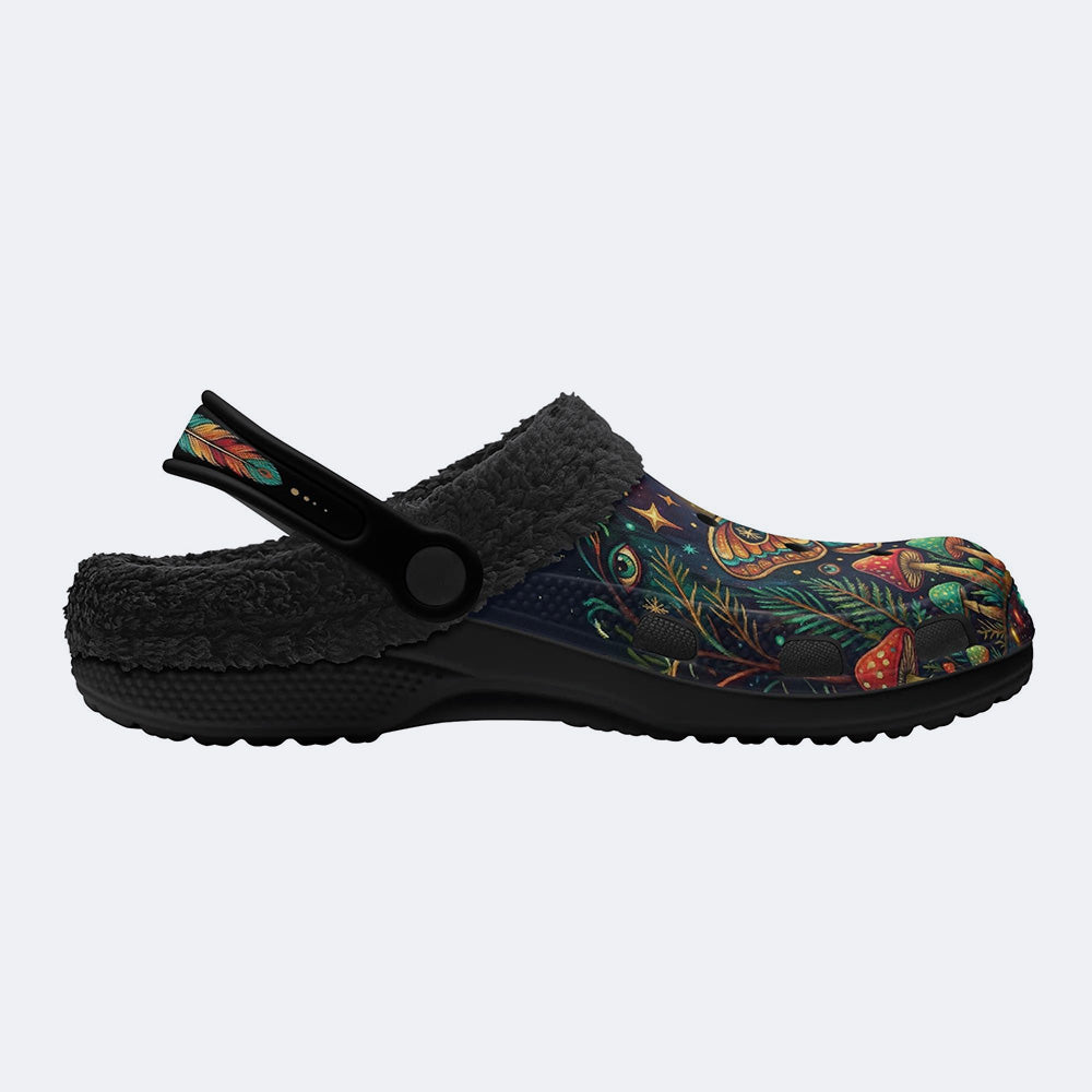 Psychedelic Gem-Colored Moth Forest Retro Print Fleece-Lined Clogs