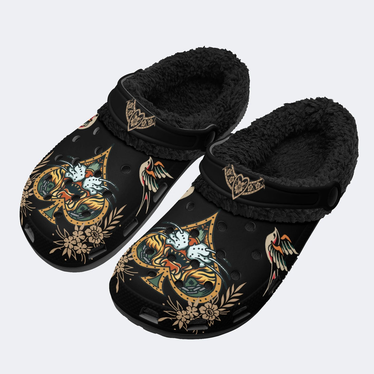 Tiger Face In Spade Frame Print - Fur Lined Slippers/Sandals