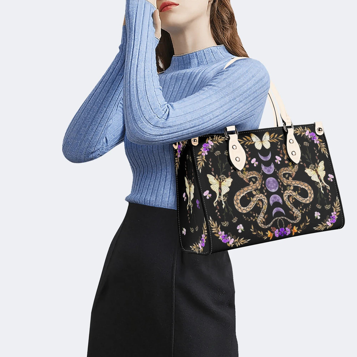 Vintage Moth And Snake Print - Leather Handbag