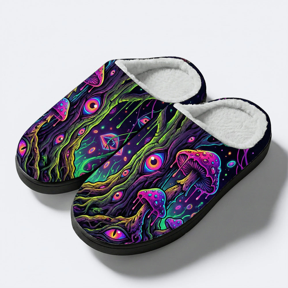 Psychedelic Mushroom Forest Print Fleece-Lined Slippers
