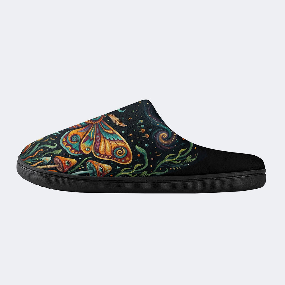 Psychedelic Mushroom Forest Moth Retro Print Fleece-Lined Slippers