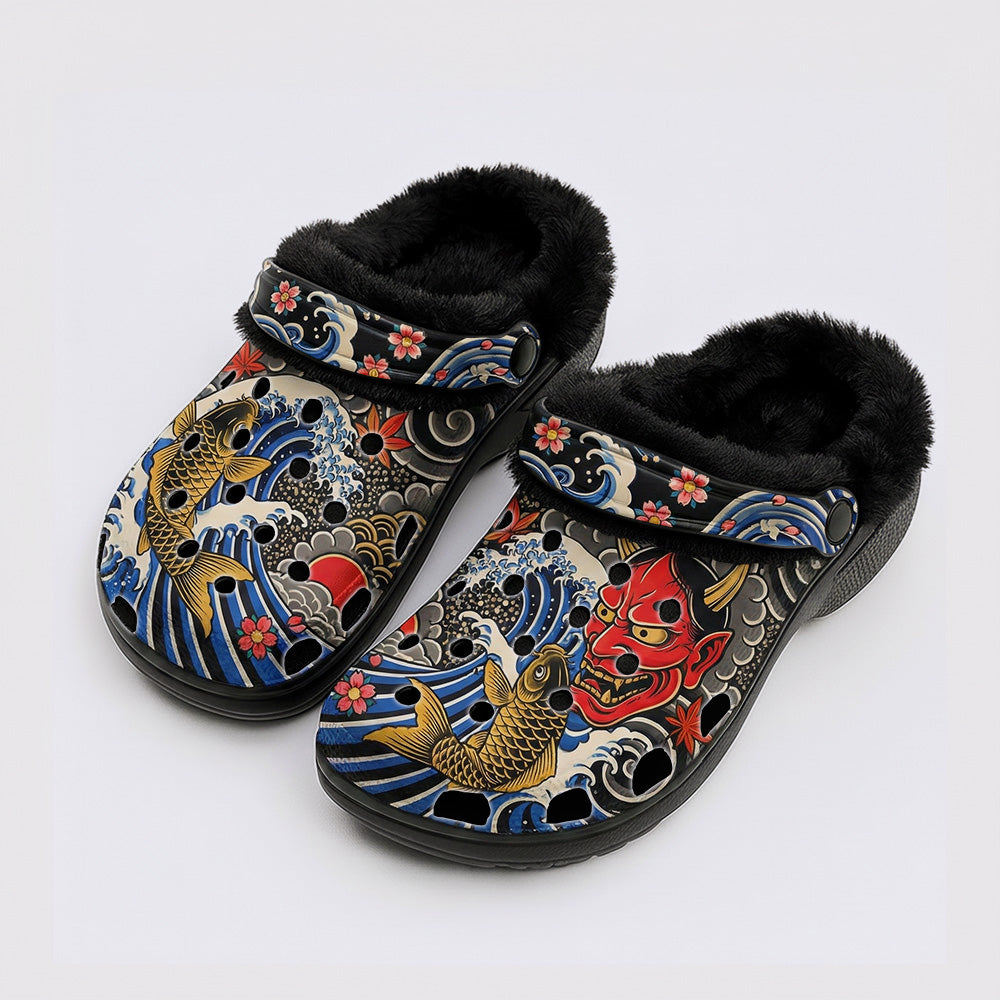 Irezumi Wave & Koi & Demon Face Print Fleece-Lined Clogs