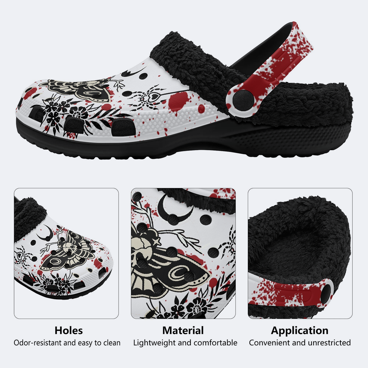 Death Moth Retro Print - Fur Lined Slippers/Sandals