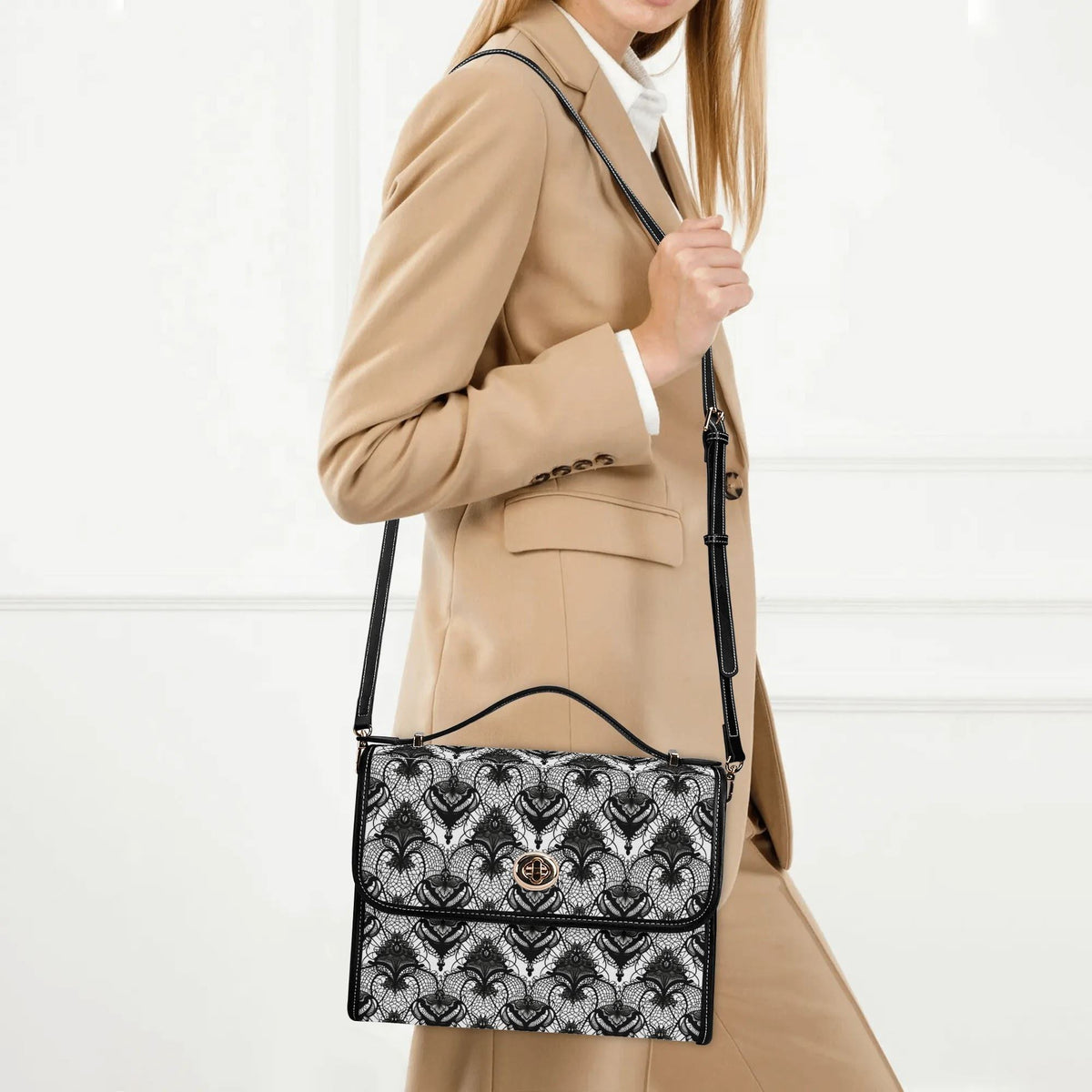 Retro Gothic Black Stripe Lace - Leather Satchel Bag