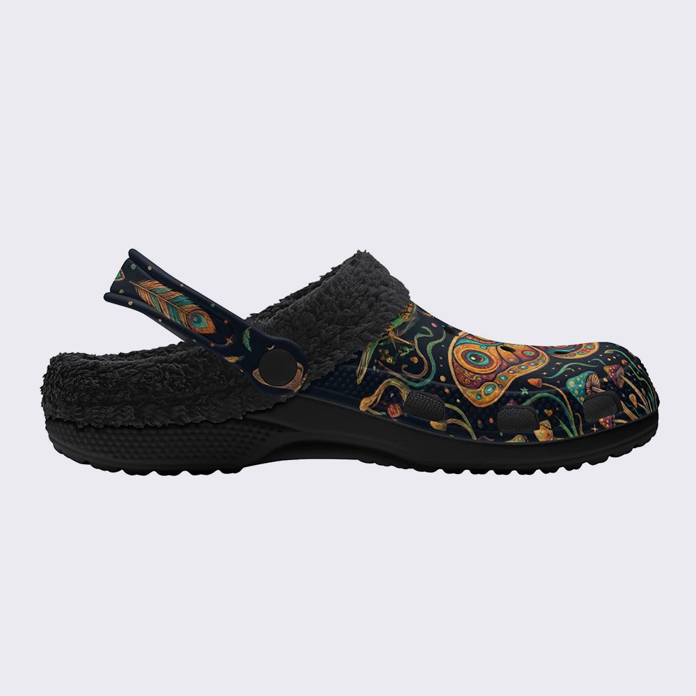 Psychedelic Mushroom Forest Moth Retro Print Fleece-Lined Clogs