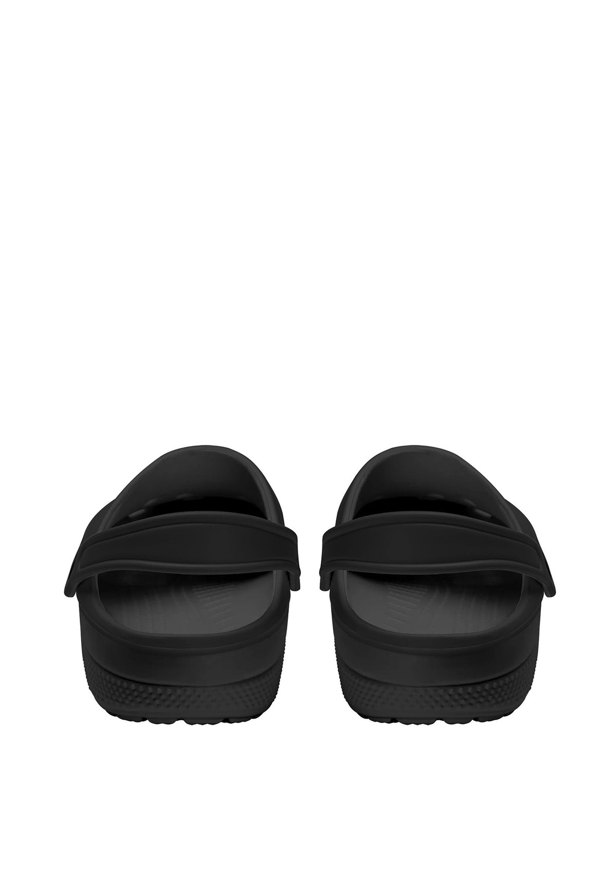 Rear view of black goth slippers with adjustable heel strap