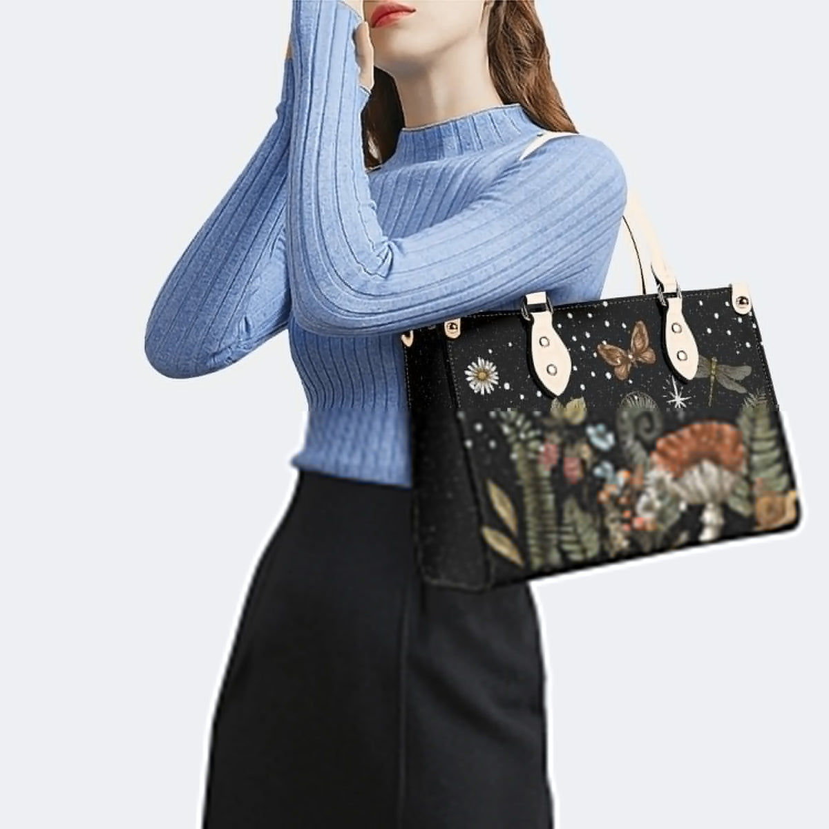 Starry Night Floral Moth Print - Leather Handbag