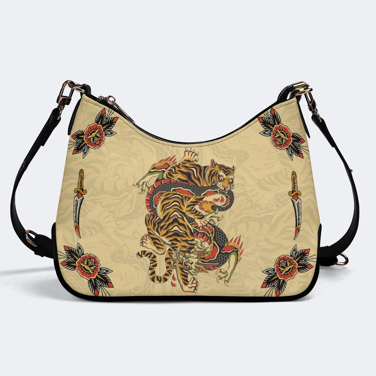 Traditional Tiger and Dragon Print - Leather Crossbody Bag