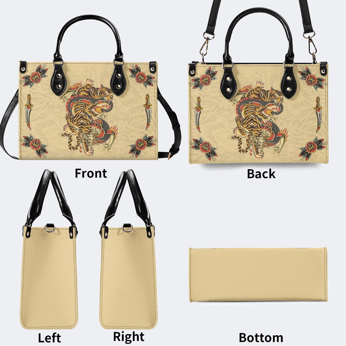 Traditional Tiger and Dragon Print - Leather Handbag