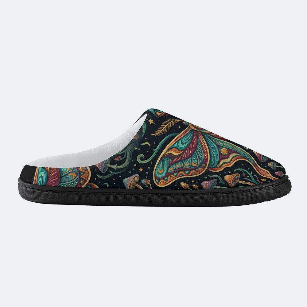 Psychedelic Mushroom Forest Moth Retro Print Fleece-Lined Slippers