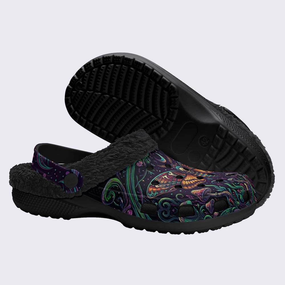Mushroom Forest Death Moth Print Fleece-Lined Clogs