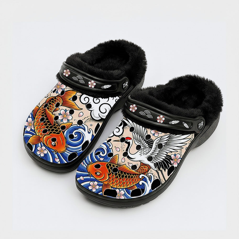 Irezumi Koi Fish and Cranes Print Fleece-Lined Clogs