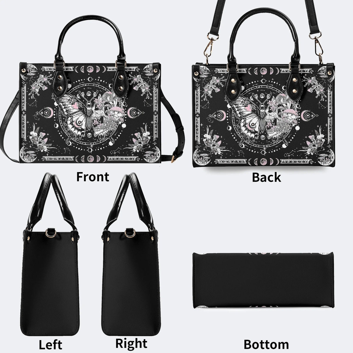 Tarot Skull Butterfly Print - Leather Handbag