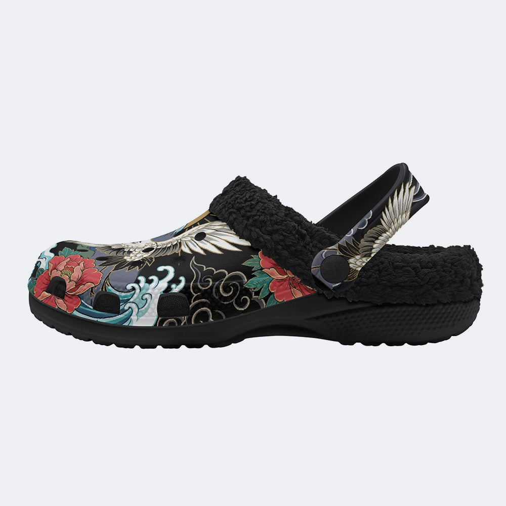 Waves Over Mount Fuji & Crane & Peony Print Fleece-Lined Clogs
