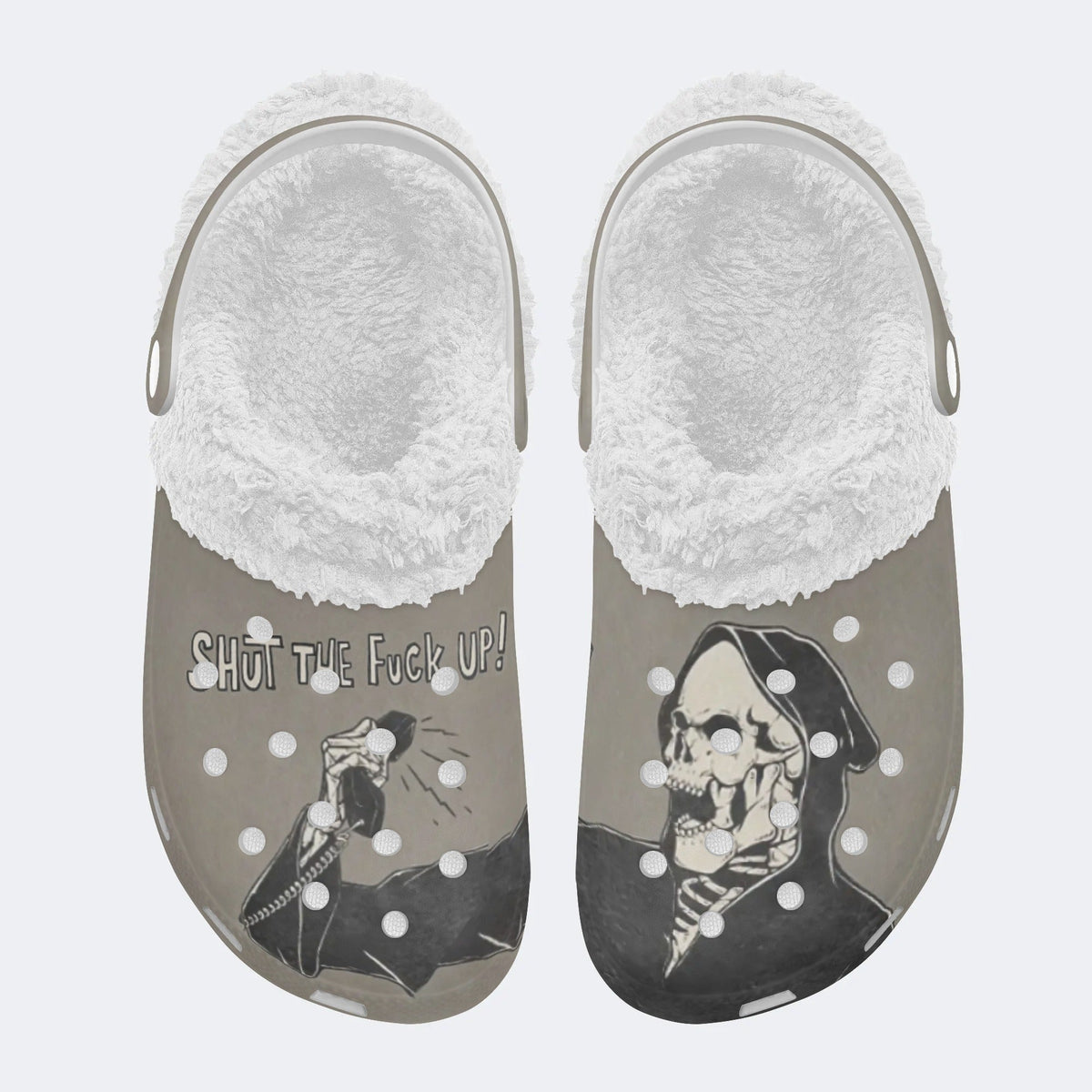 Unisex Skull Print - Fur Lined Slippers