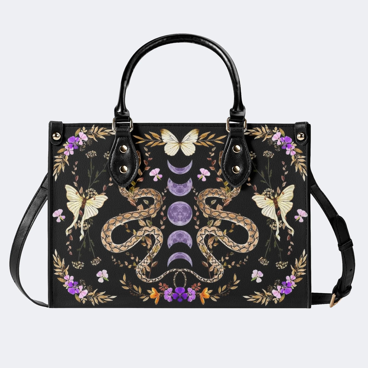 Vintage Moth And Snake Print - Leather Handbag