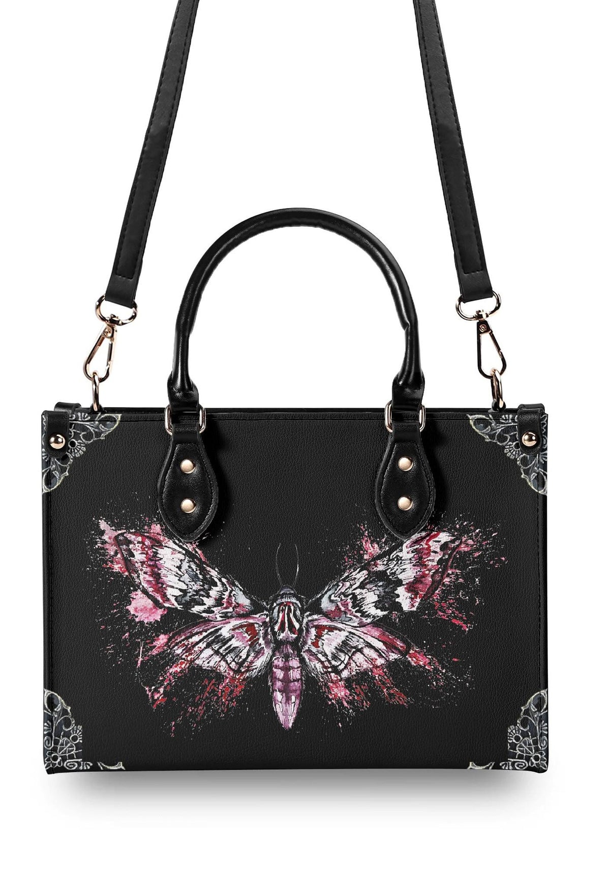 rear view of the Tattoo Moth Graffiti Handbag with adjustable strap attached