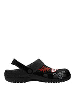 Inner view of gothic slippers with white and red moth graphic
