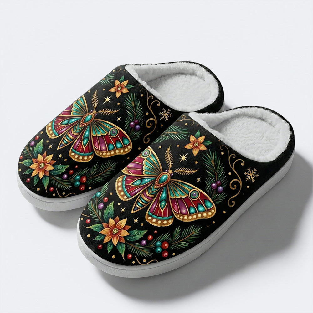 Jewel Moth Vintage Wreath Print Fleece-Lined Slippers