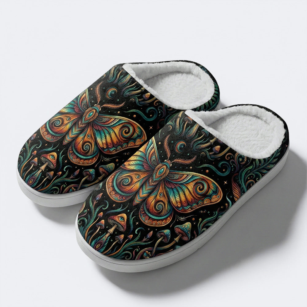Psychedelic Mushroom Forest Moth Retro Print Fleece-Lined Slippers
