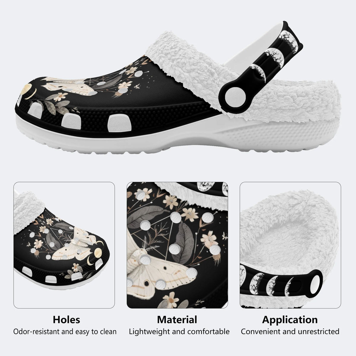 Vintage Floral Moth Print - Fur Lined Slippers/Sandals