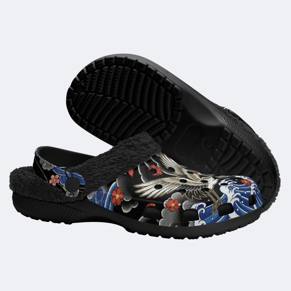 Irezumi Peonies and Cranes Print Fleece-Lined Clogs