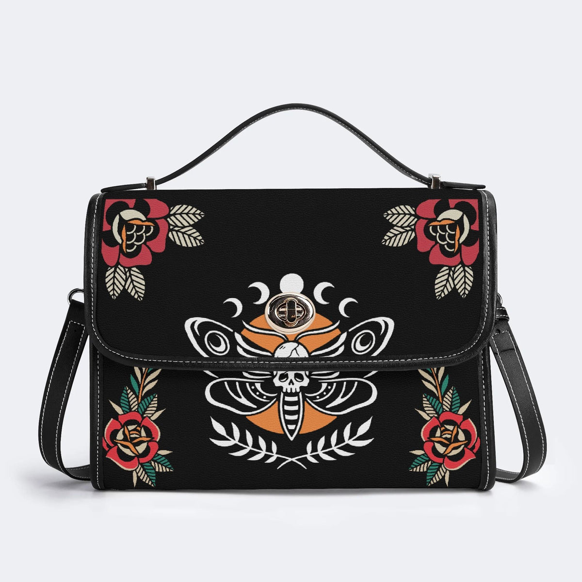 Skull And Moth Print - Leather Satchel Bag