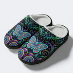 Neon Blue Greenpsychedelic Moth Print Fleece-Lined Slippers