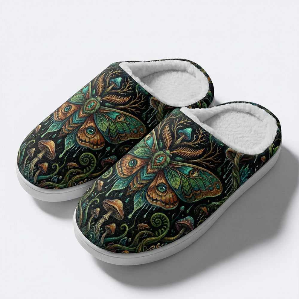 Forest Mystery Moth Print Fleece-Lined Slippers