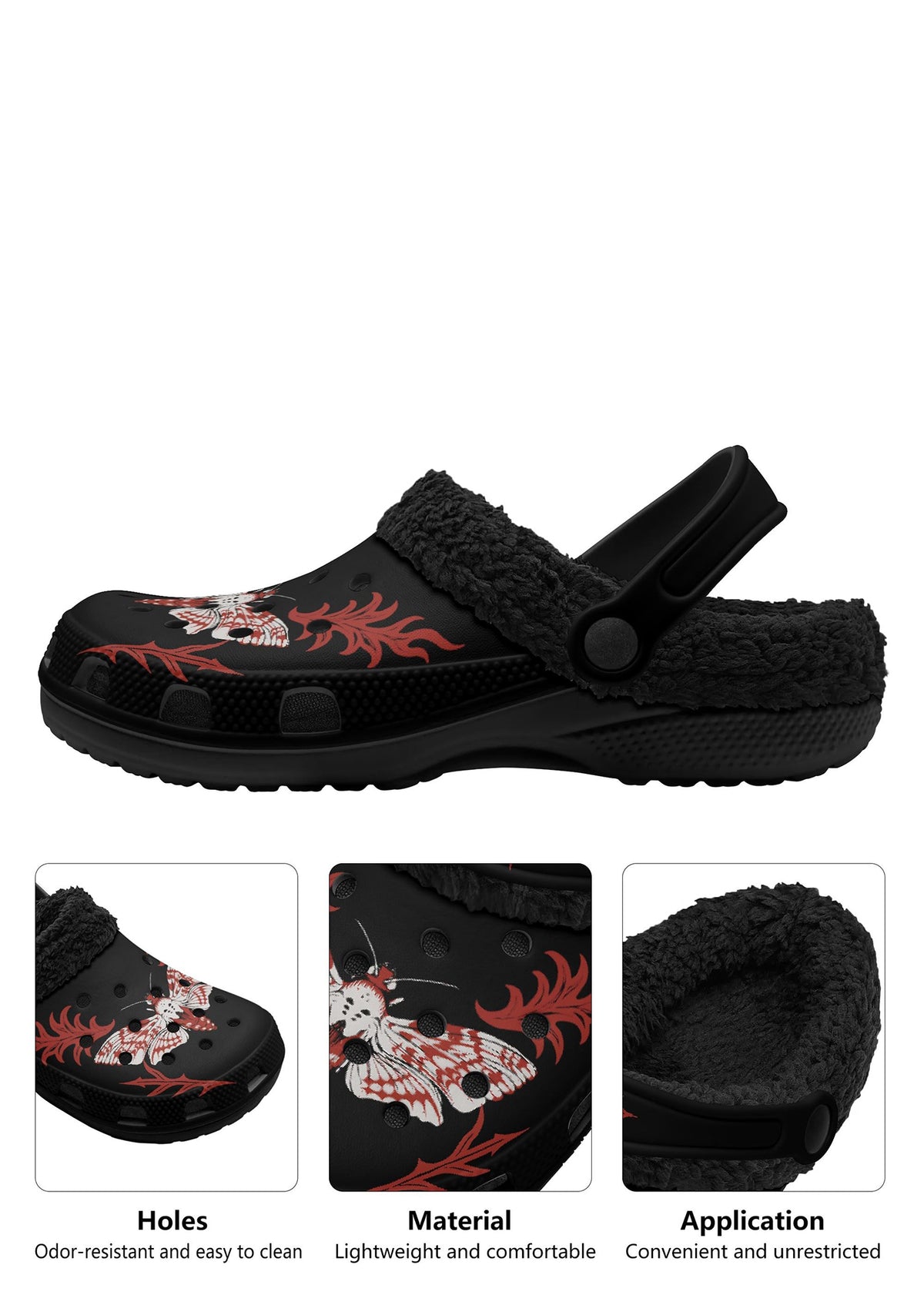 Close-up of red-white skull moth and flame tattoo design