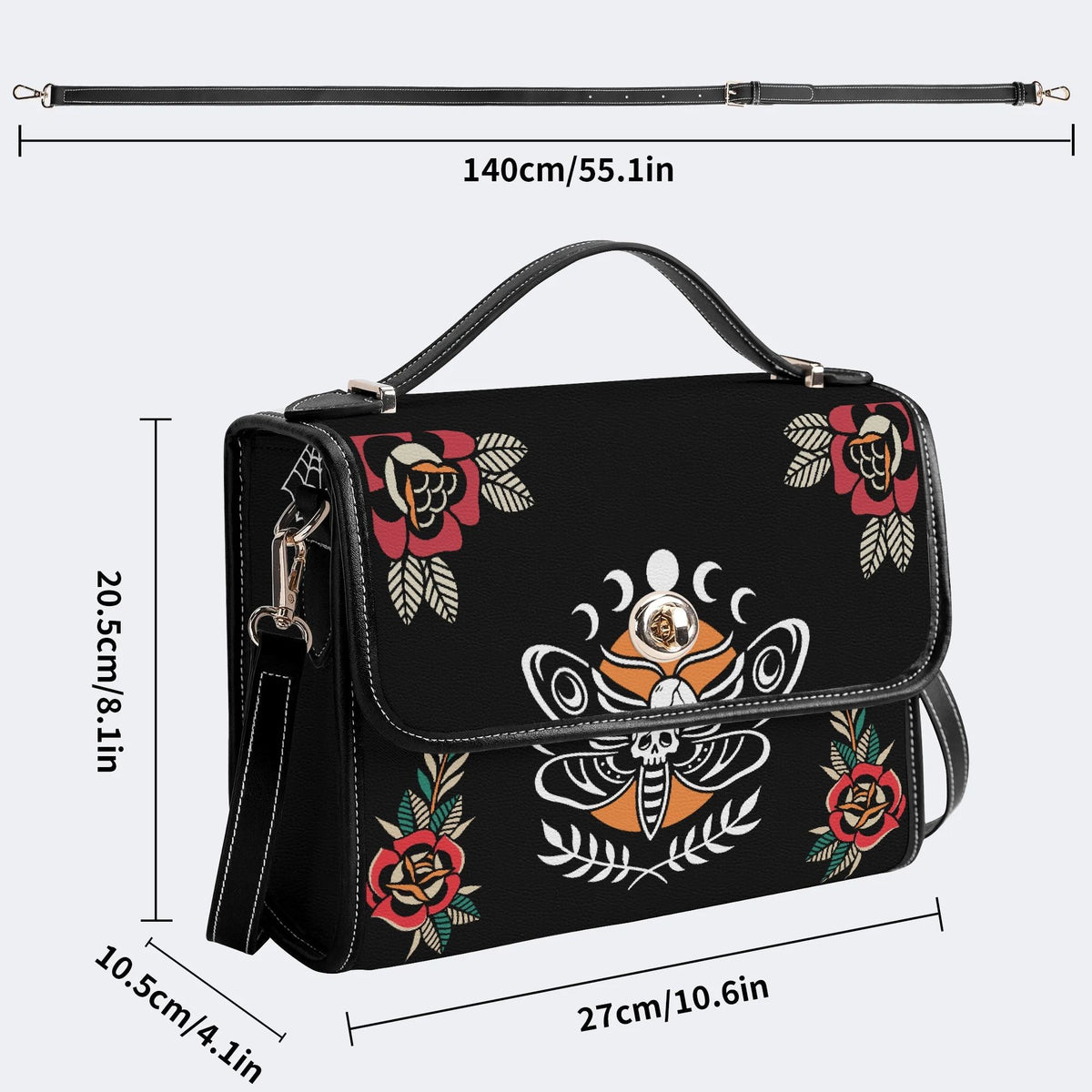 Skull And Moth Print - Leather Satchel Bag