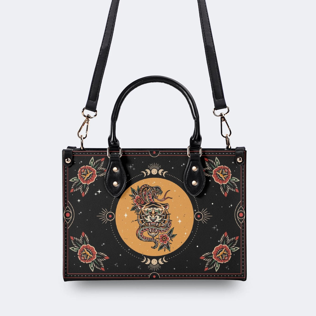 Tiger And Snake In The Moonlight- Leather Handbag