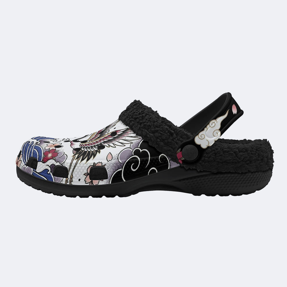 Irezumi Flowers and Cranes Print Fleece-Lined Clogs