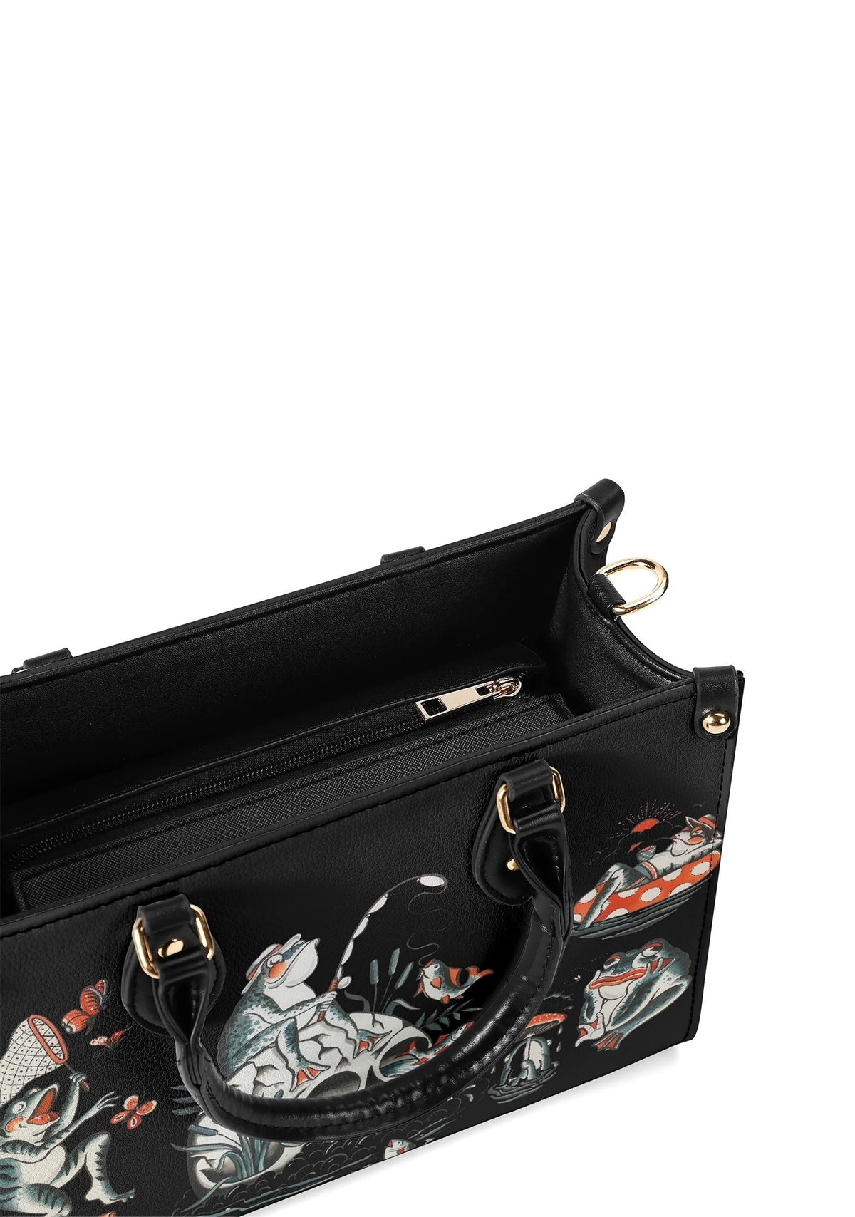 Inside view of gothic-style handbag with zip pocket and dark lining