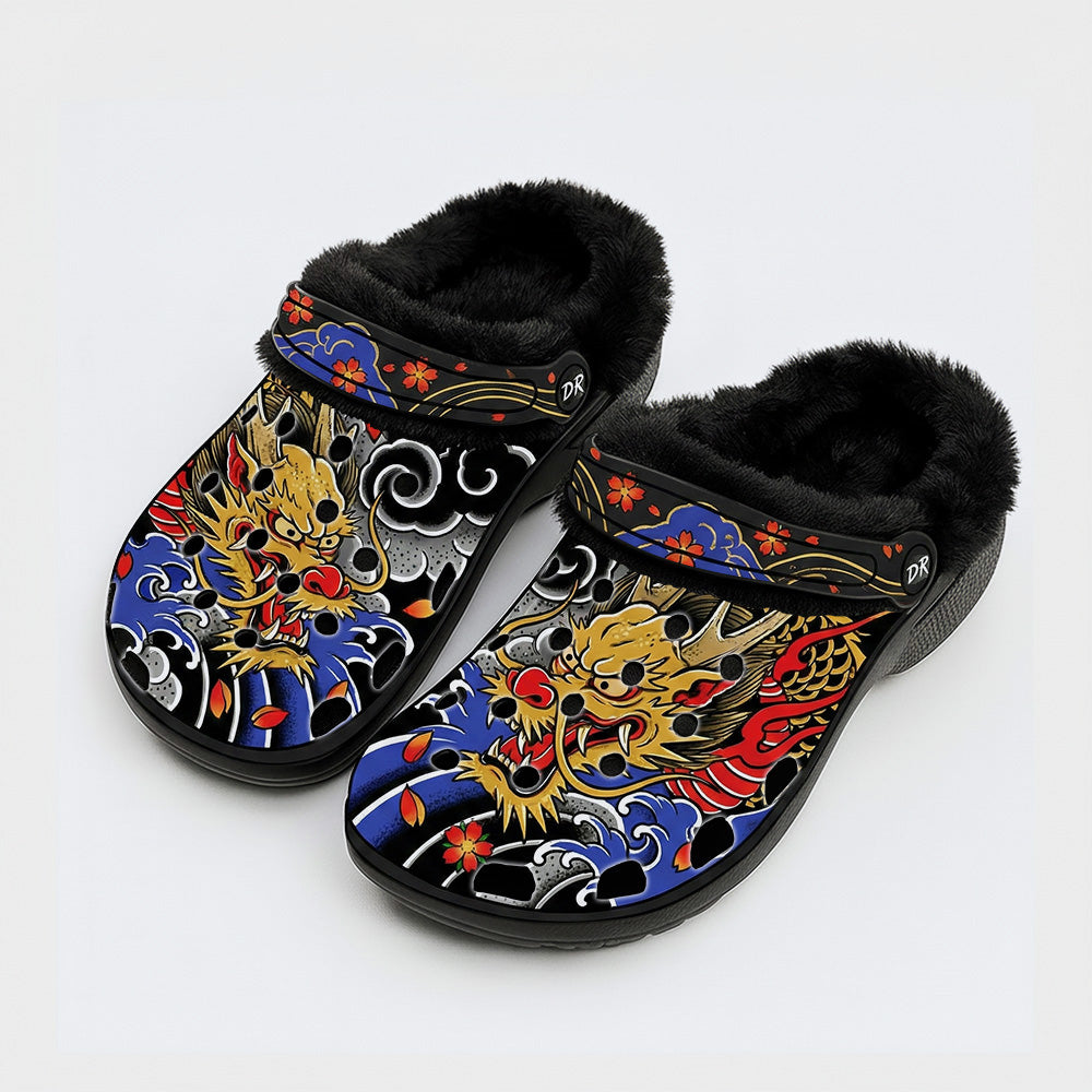 Irezumi Flying Golden Dragon Print Fleece-Lined Clogs