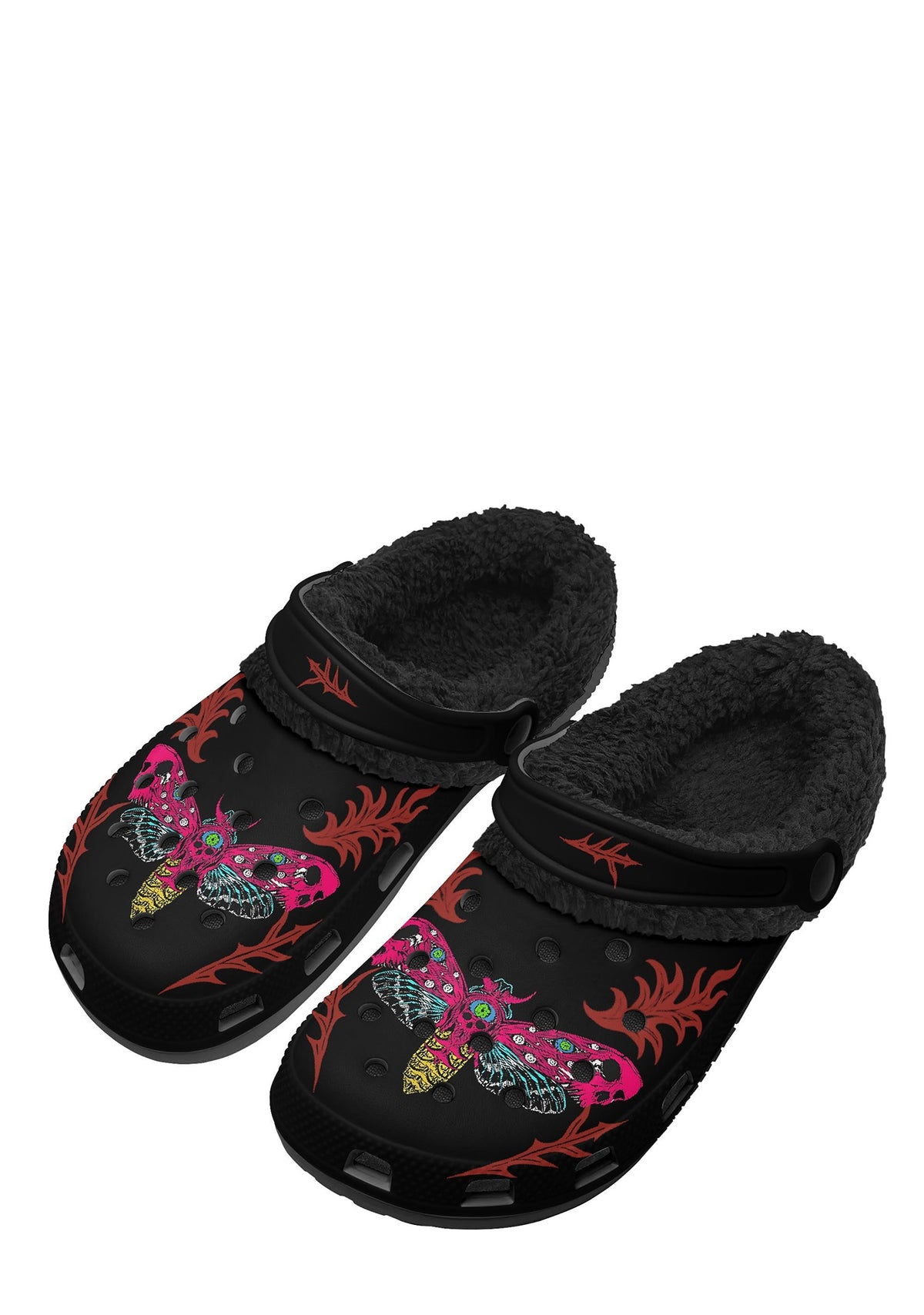 Neon Wings slippers – front view of black fuzzy slippers